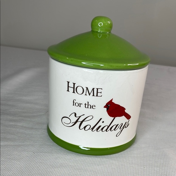 Home For The Holidays Red Cardinal Canister With Lid White Green Christmas Candy - Picture 2 of 9